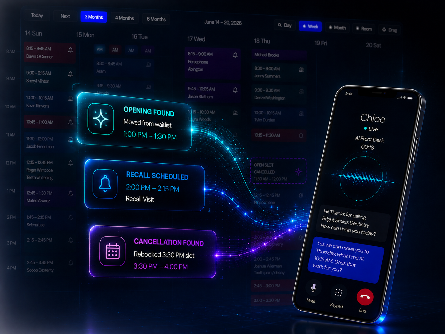 Isaac AI front desk — Chloe managing the practice calendar and patient calls