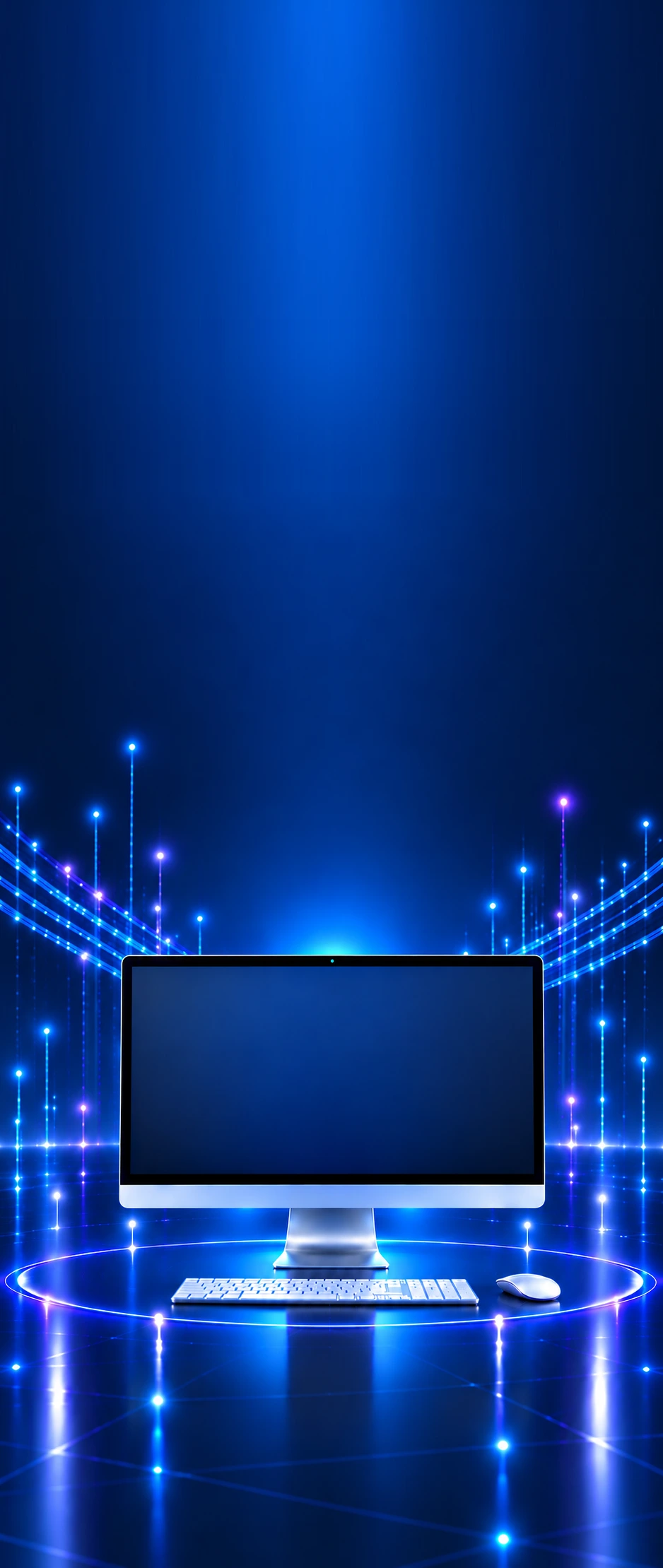 A desktop workstation surrounded by glowing blue data streams, representing Isaac PracticeOS